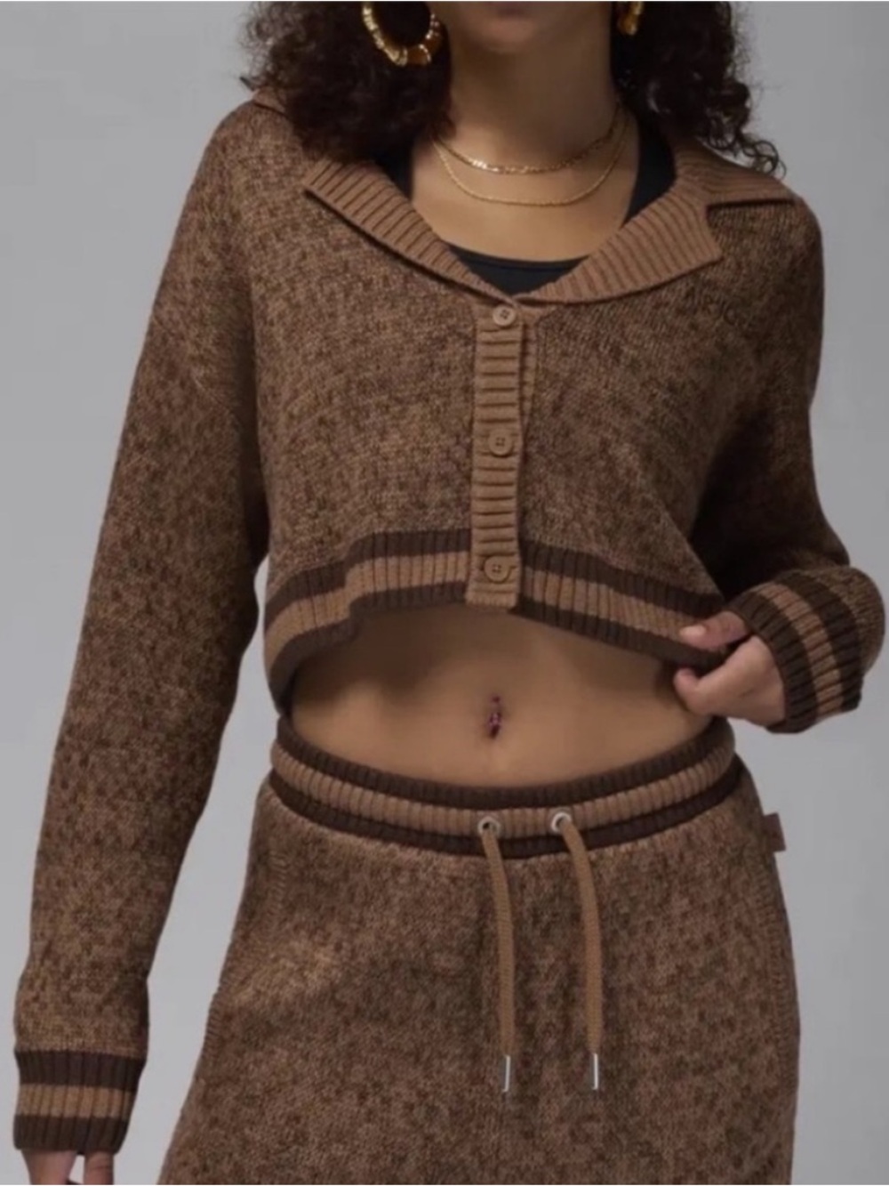 Jordan Small Sweater Air Knit Cardigan in Brown cropped linen blend collar NWT